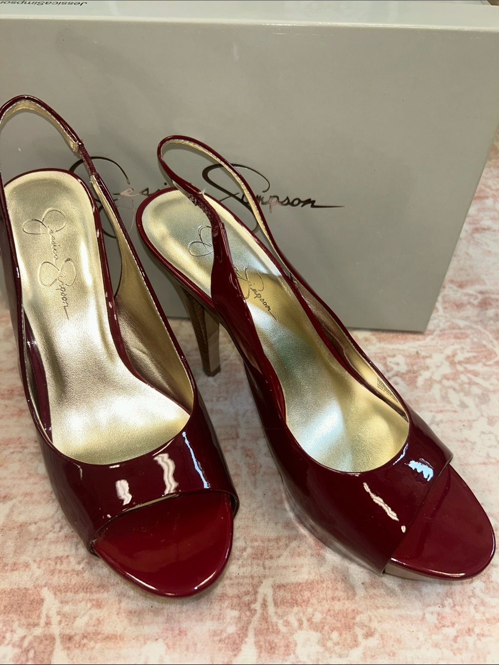 EUC w/Box Jessica Simpson Red Patent Peep-Toe Slingback Heels